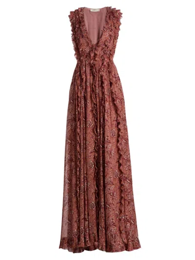 Ulla Johnson Multicolored Long Dress With Ruffled Edges In Brown