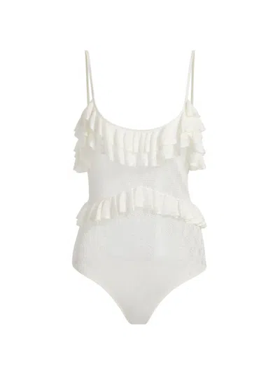 Ulla Johnson Bania Ruffle Trim Crochet Bodysuit In White