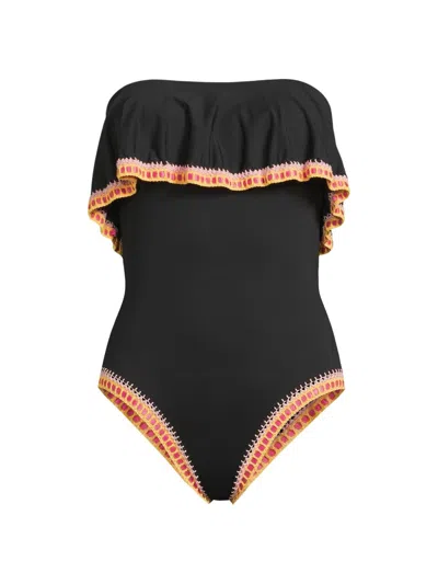 Milly Strapless Crochet Ruffle One-piece Swimsuit In Black