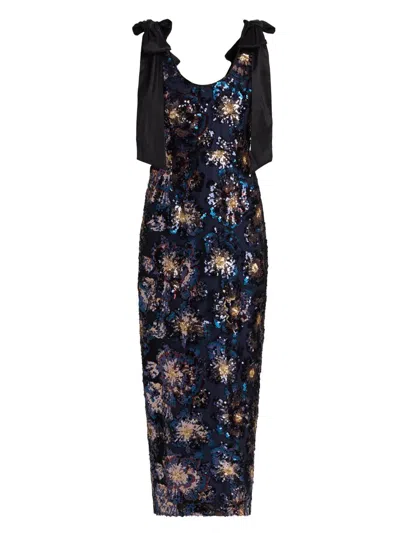 Milly Kyle Satin Bow Sequin Column Midi Dress In Multi