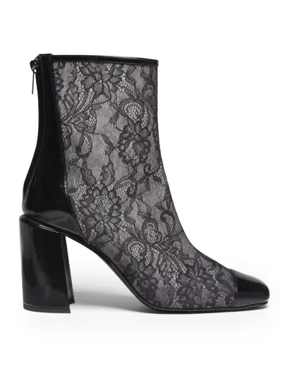 Jimmy Choo Kisu Ab 85 Patent Leather-trimmed Lace Ankle Boots In Black