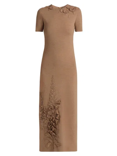 Oscar De La Renta Foxglove Embroidered Short-sleeve Knit Maxi Dress In Brown