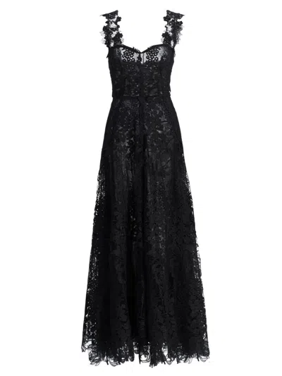 Oscar De La Renta Sleeveless Foxglove Lace Sweetheart-neck Gown In Black