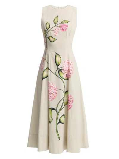 Oscar De La Renta Sleeveless Porcelain Flowers-print Midi Day Dress In Animal Print