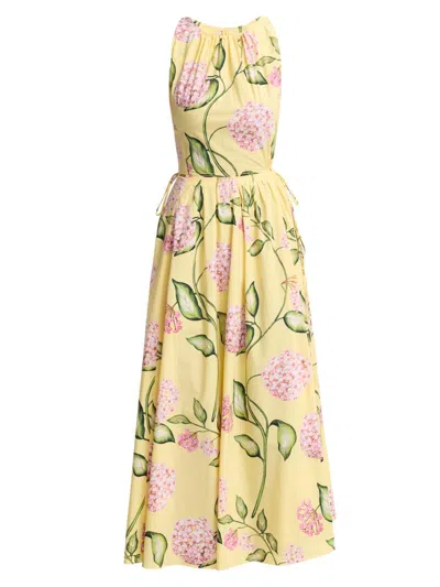 Oscar De La Renta Sleeveless Porcelain Flower Waist-tie Midi Dress In Yellow