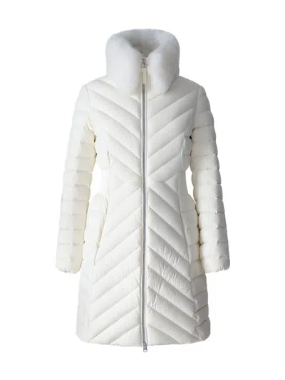 Mackage Water Repellent Chevron Quilted Down Coat With Removable Genuine Shearling Collar In White
