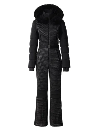 Mackage Lorelle Belted Hooded Plush-trimmed Quilted Padded Down Ski Suit In Black
