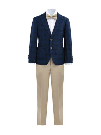 Moustache Plaid-pattern Suit Set (set Of Three) In Blue