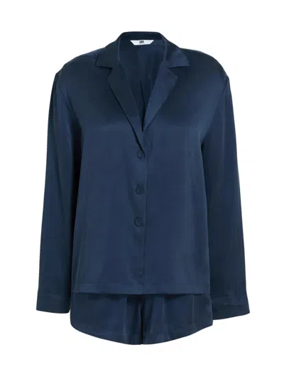 Lunya Washable Silk Button Up Long Sleeve Short Set In Blue