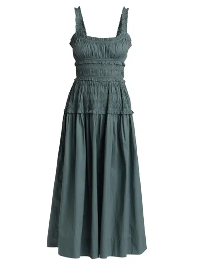 Doen Marianne Shirred Organic Cotton-poplin Midi Dress In Green