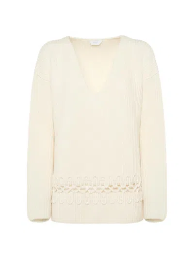 Malo Alma Embroidered Cashmere Rib V-neck Sweater In White