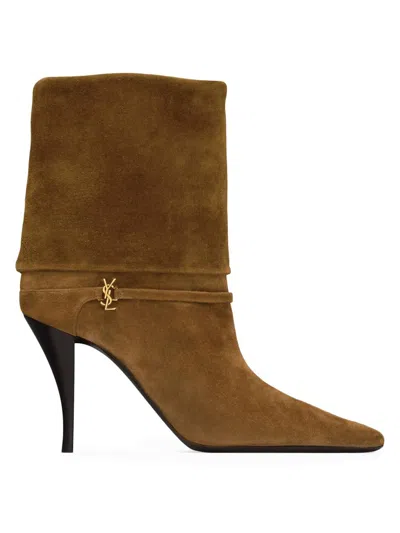 Saint Laurent Niki Suede Ysl Stiletto Ankle Booties In Brown