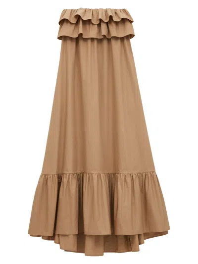 Saint Laurent Beige Cotton Serge Ruffled Dress In Brown