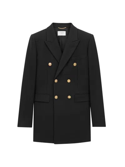 Saint Laurent Double-breasted Virgin Wool Gabardine Jacket In Navy In Black