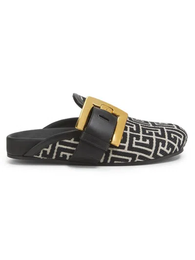 Balmain Anthem Mules In Jacquard Canvas With Pb Monogram In Black