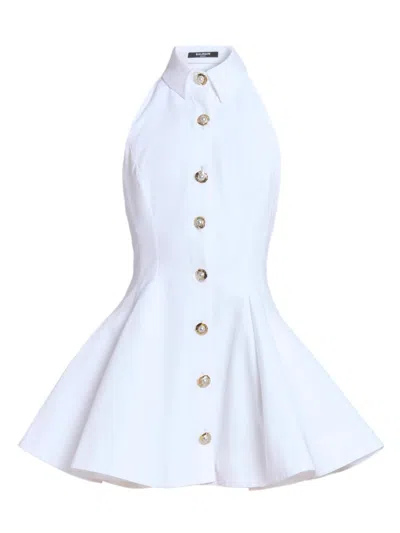 Balmain Flared Cotton-poplin Halter-neck Mini Shirt Dress In White