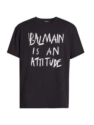 Balmain Crew Neck T Shirt Graphic Print Silk In Black