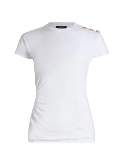 Balmain Cotton T-shirt With Button Detail And Draped Design In White