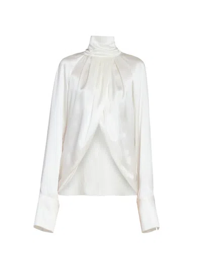 Balmain High Neck Long Sleeve Silk Blend Top In White
