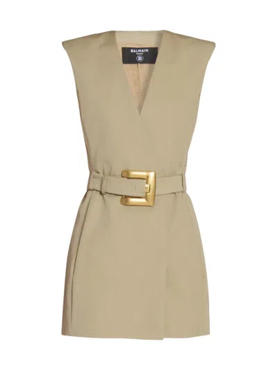 Balmain Wrap Cotton Gabardine Dress Belt Detail In Neutral