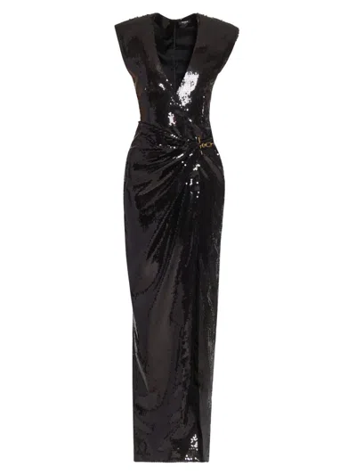 Balmain Long Draped Sequin Dress With Embellished Detail In Black