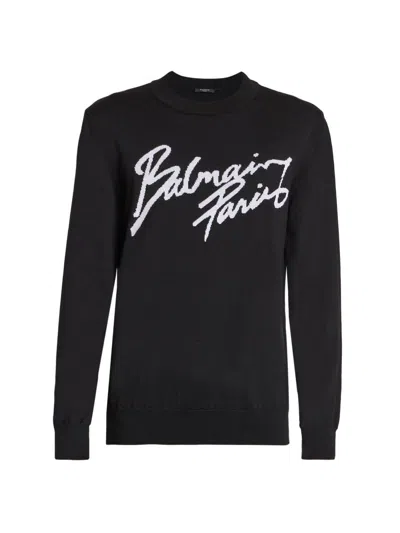 Balmain Paris Logo Intarsia Merino Wool Blend Sweater In Black