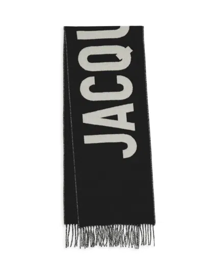 Jacquemus Black Bold White Lettering Twisted Fringe Scarf In Black