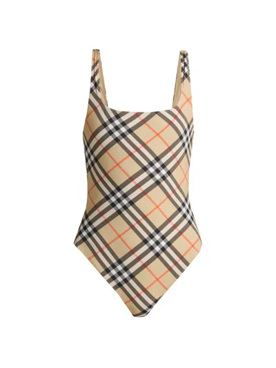 Burberry Scoop Neckline Sleeveless Checkered Beach Bodysuit In Brown