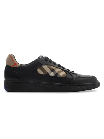 Burberry Men Leather Sneakers With Traditional Check Inserts In Black