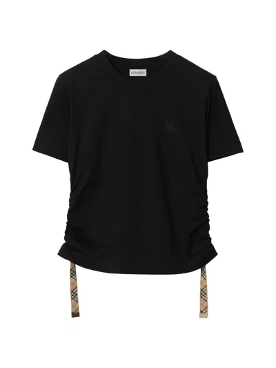Burberry Black T Shirt With Check Pattern Detail In Black
