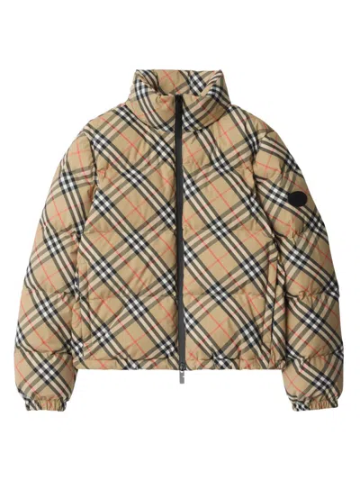 Burberry Check Ambleside High Collar Puffer Coat In Brown