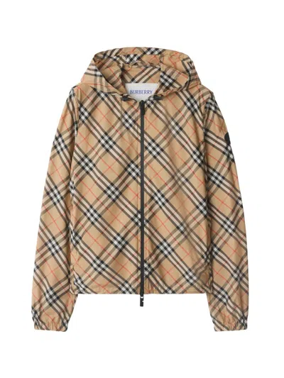 Burberry Check Pattern Jacket With Zip And Hood In Black