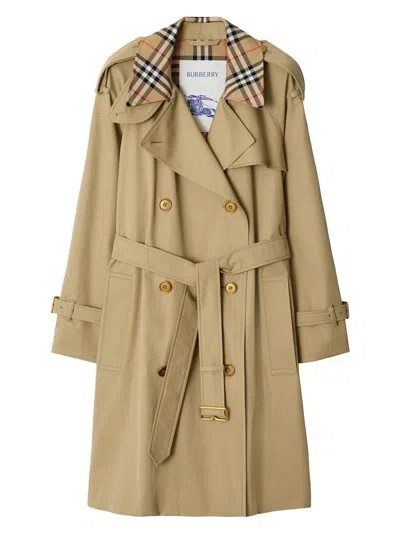 Burberry Women Beige Vintage Check Cotton Trench Coat, Xs Luxury Trench Coats For Women Darveys In Brown