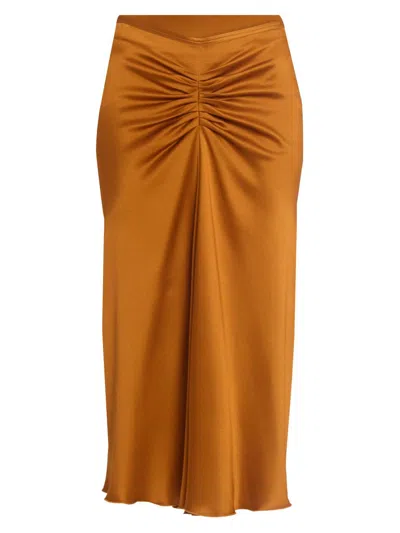 Victoria Beckham Gathered Waist Satin Midi Skirt In Brown