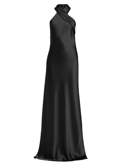 Galvan Pandora Halterneck Satin Gown In Black
