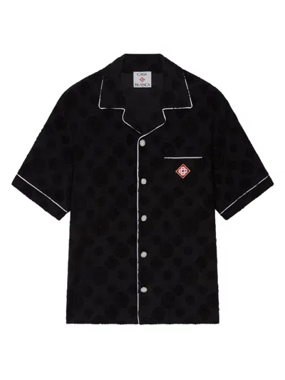 Casablanca Men Black Shirt With Classic Lapels And All-over Embossed Monogram In Cotton Man