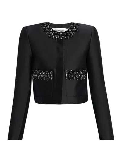 Self-portrait Black Taffeta Embellished Trim Jacket In Multi