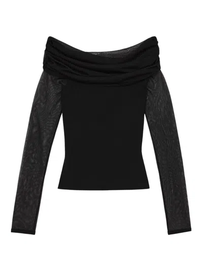 Reiss Womens Black Angie Bardot-neckline Stretch-mesh Top