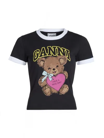 Ganni Basic Cotton Jersey Bear Fitted T-shirt In Black