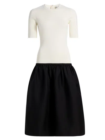 Totême Twinflower Gathered Ribbed-knit And Wool And Silk-blend Crepe Midi Dress In White