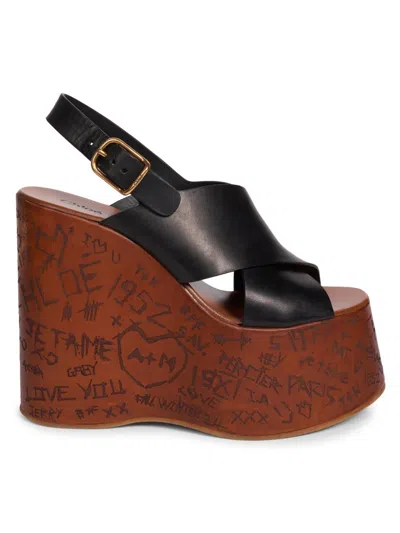 Chloé Maxime Black Wedges With High Embossed High Wedge Heel And Crossover Strap On The Toe In Leather Wom In Brown