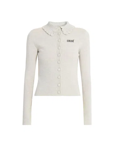 Chloé Wool Cardigan Logo Long Sleeves Scalloped Collar In Neutral