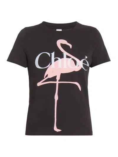 Chloé Women Black Crewneck T-shirt With Maxi Logo Print On The Front In Cotton Woman In Black