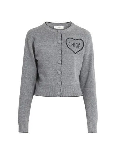 Chloé Fitted Cardigan With Logo In Wool And Cashmere Knit In Gray