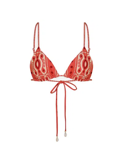 Johanna Ortiz Konibo Embellished Printed Triangle Bikini Top In Red