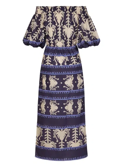 Johanna Ortiz Harbour Hues Patterned Cotton-poplin Midi Dress In Blue