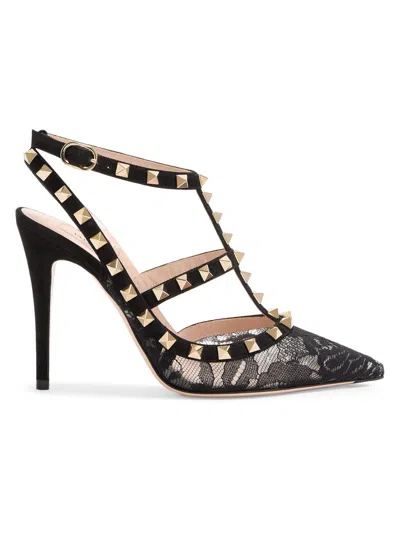 Valentino Garavani Valentino Rockstud 100 Lace And Suede Pumps In Black