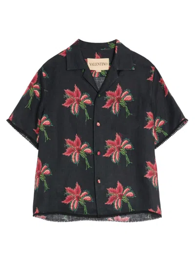 Valentino Camp Collar Shirt Floral Pattern Short Sleeves In Blue