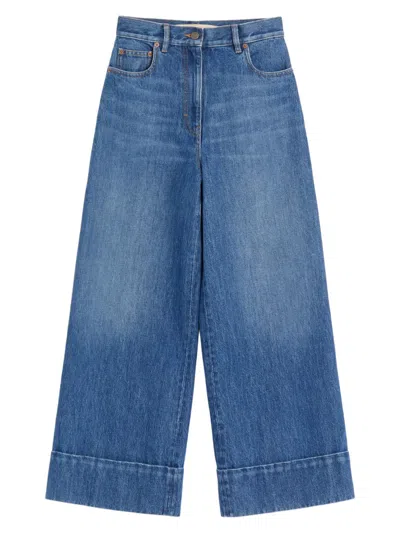 Valentino Cuffed Ankle Jeans With Front Button And Zip Closure In Blue