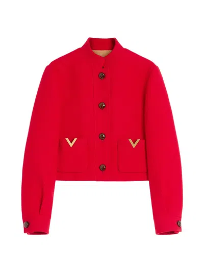 Valentino Drill Caban Jacket Decorative Buttons Pockets In Red